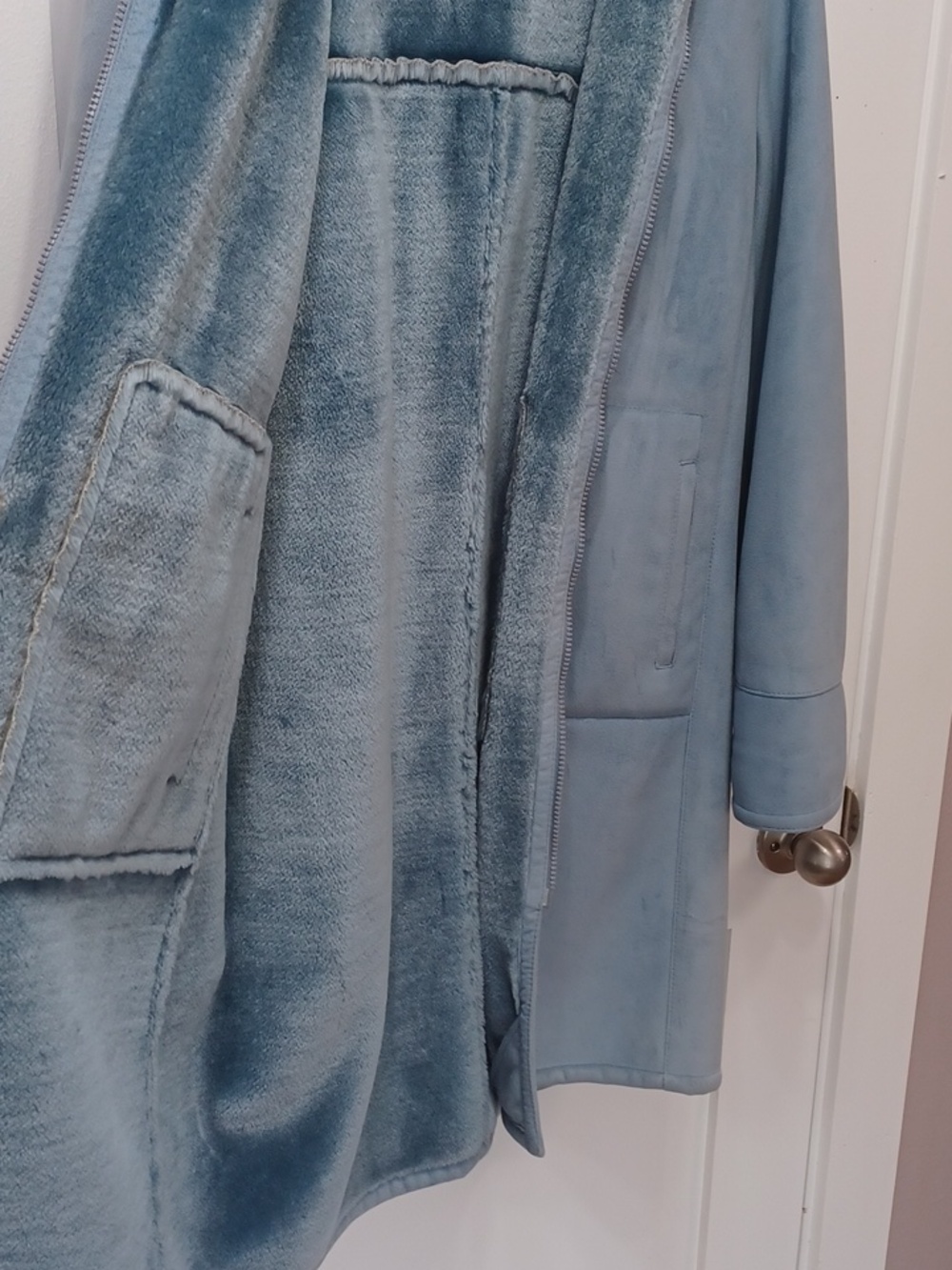 Faux Suede Leather & Velour, Blue Trench Coat Hoodie Long, Small - Medium - Picture 8 of 12
